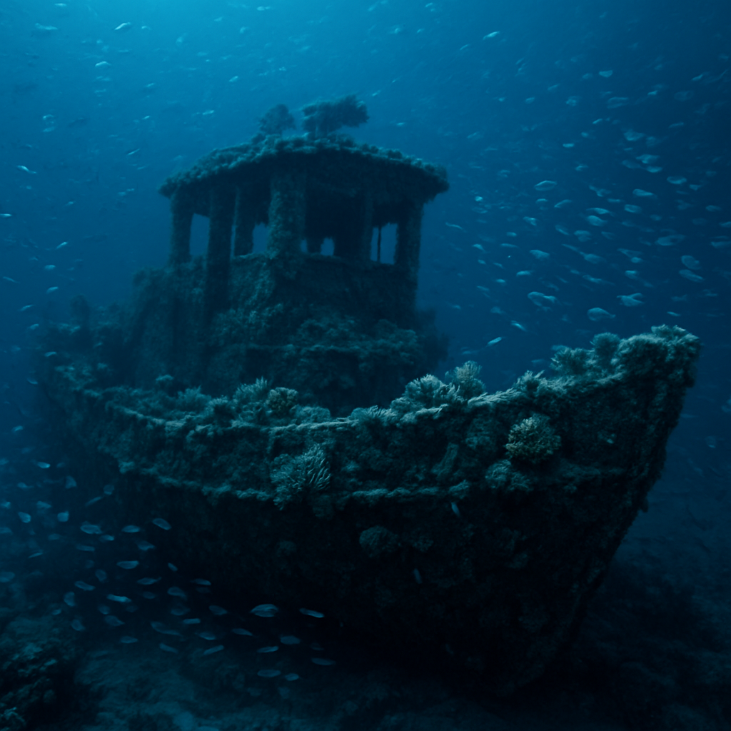 Atmospheric coral-encrusted wreck surrounded by glassfish
