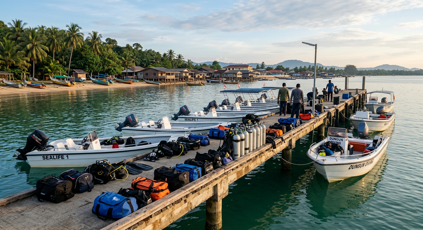 Speedboats moored at the jetty in Kuala Dungun, ready for departure to Tenggol Island