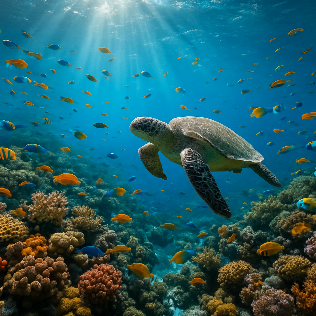 Sea turtle gliding over a vibrant coral reef off Tenggol Island