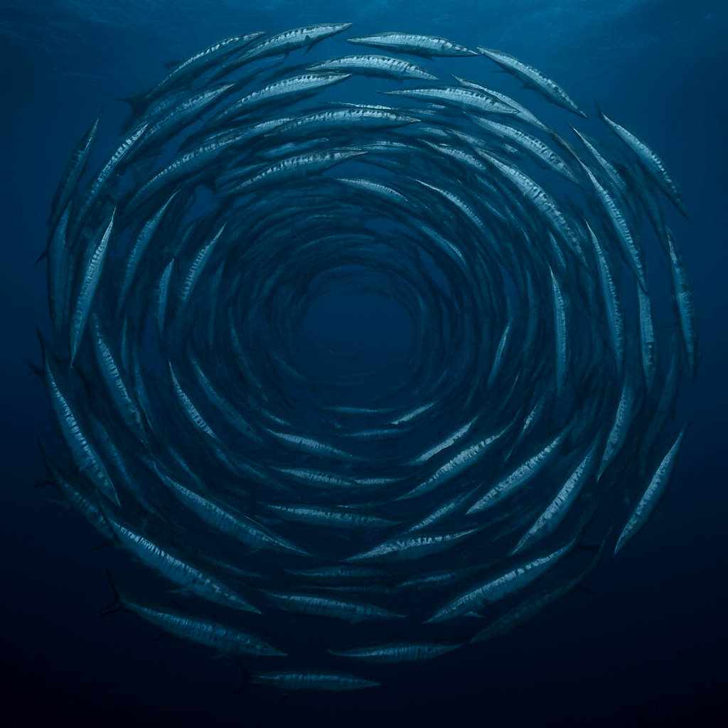 Swirling school of barracuda in blue water