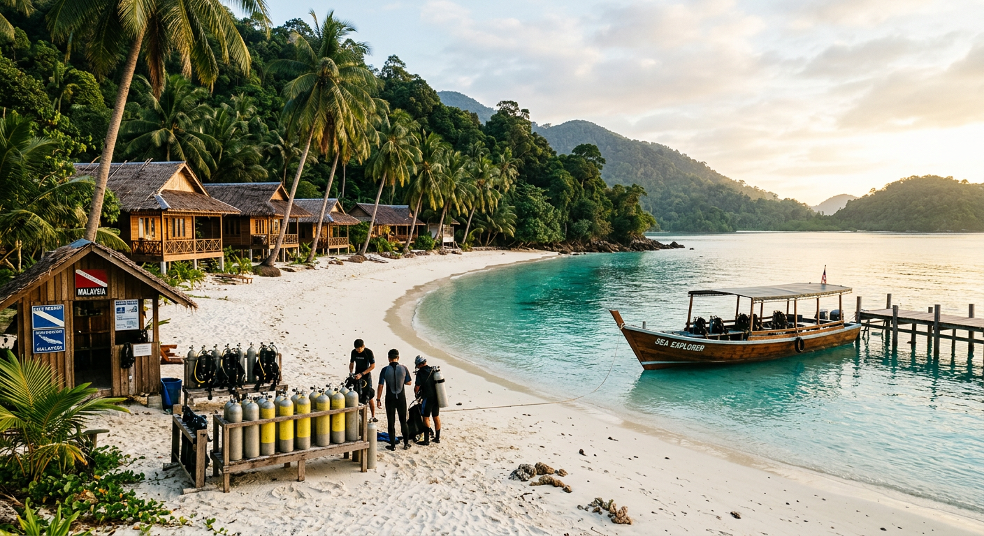Beachfront chalets and a moored dive boat at a Tenggol Island dive resort
